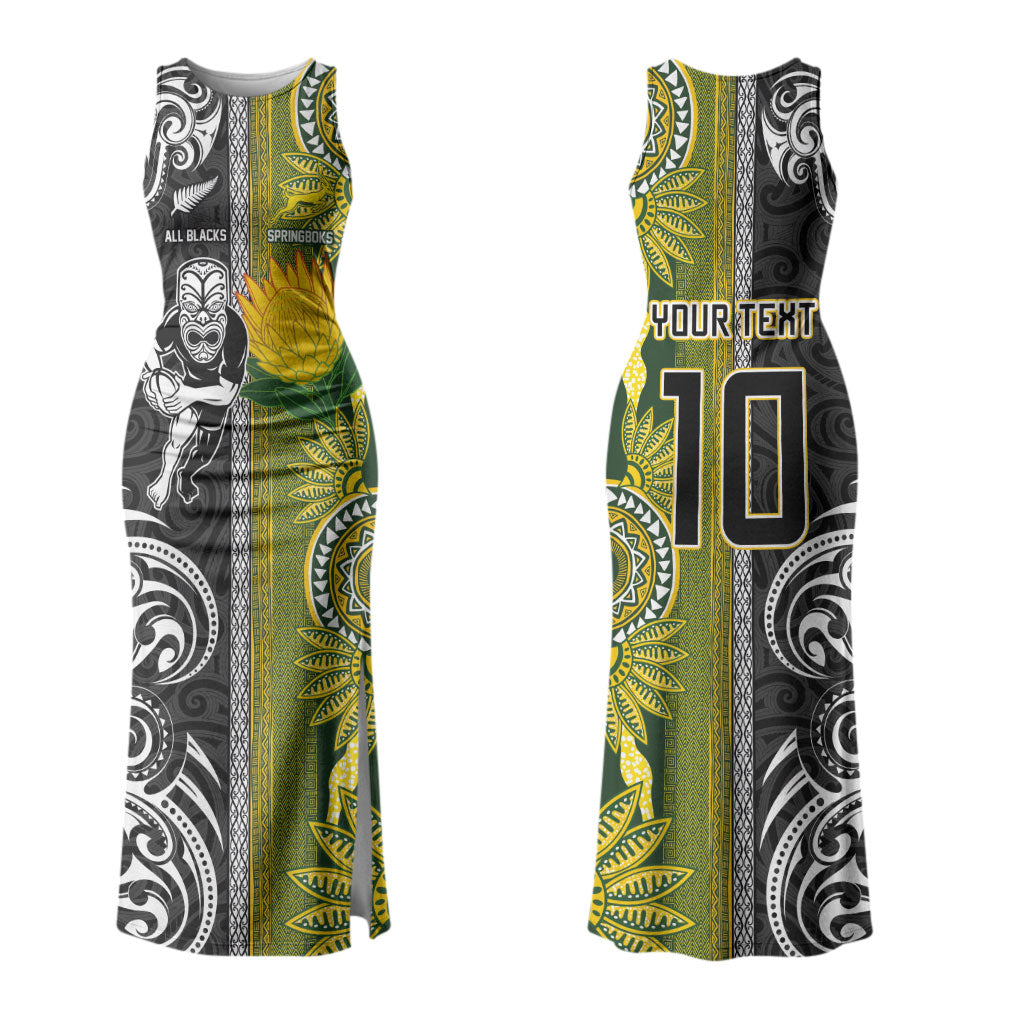 Custom Rugby New Zealand and South Africa Family Matching Tank Maxi Dress and Hawaiian Shirt Greatest Rivalry Silver Fern and Antelope