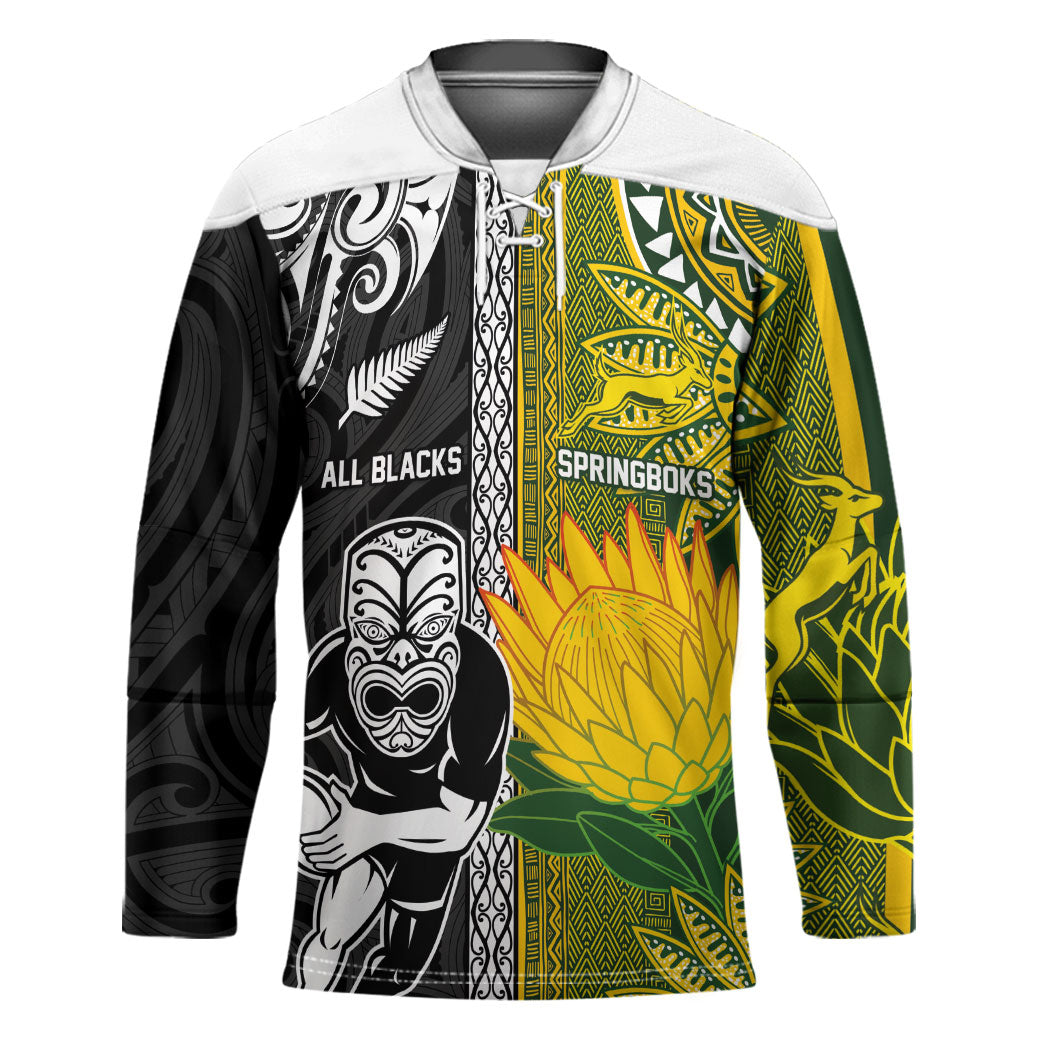 Custom Rugby New Zealand and South Africa Hockey Jersey Greatest Rivalry Silver Fern and Antelope