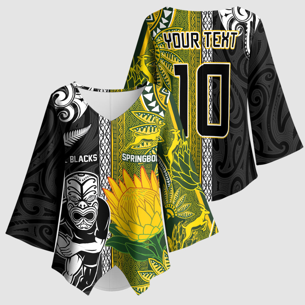 Custom Rugby New Zealand and South Africa Kimono Sleeve Blouse Greatest Rivalry Silver Fern and Antelope