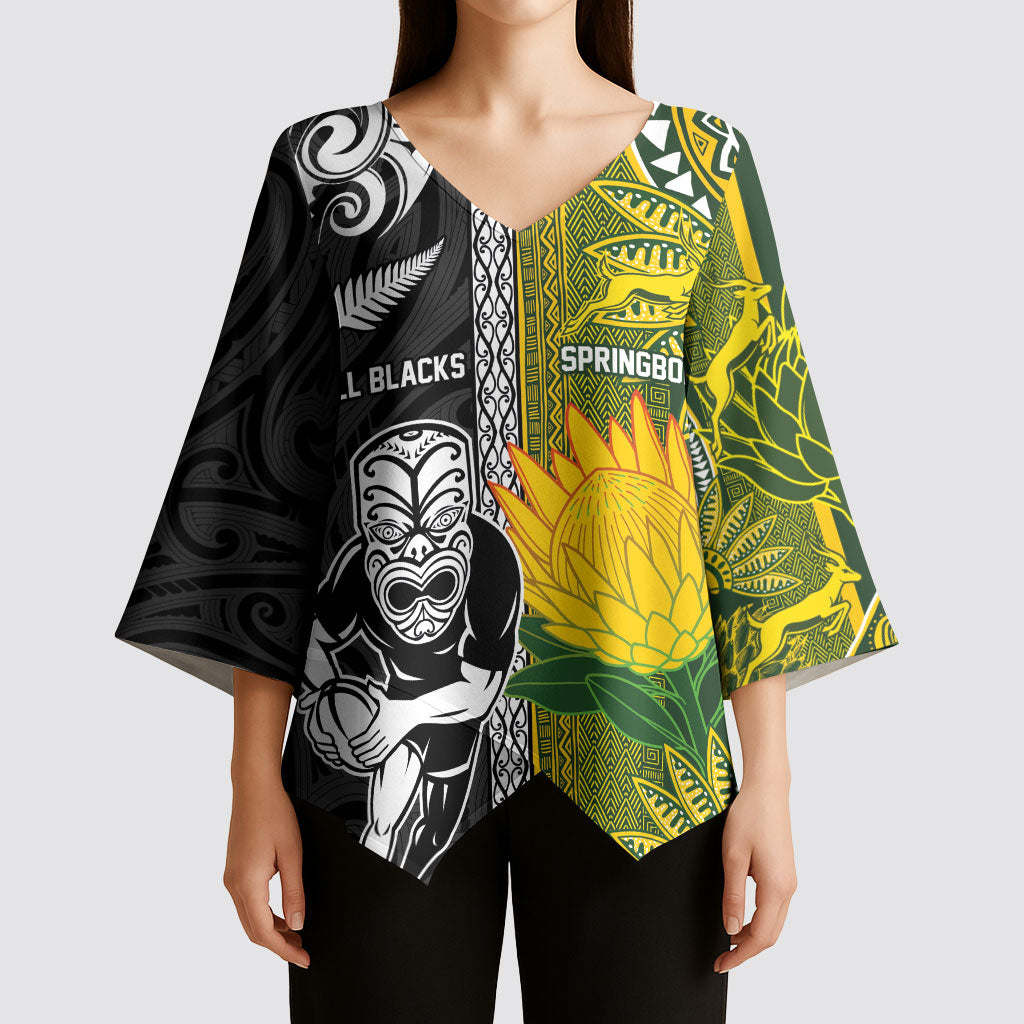 Custom Rugby New Zealand and South Africa Kimono Sleeve Blouse Greatest Rivalry Silver Fern and Antelope