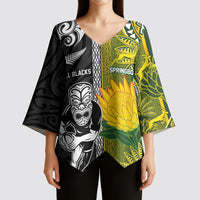 Custom Rugby New Zealand and South Africa Kimono Sleeve Blouse Greatest Rivalry Silver Fern and Antelope