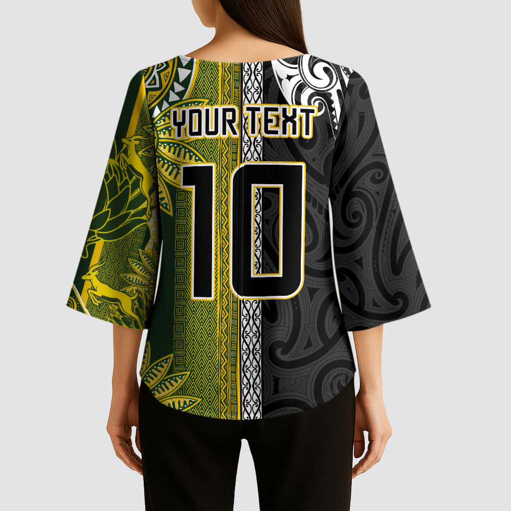 Custom Rugby New Zealand and South Africa Kimono Sleeve Blouse Greatest Rivalry Silver Fern and Antelope