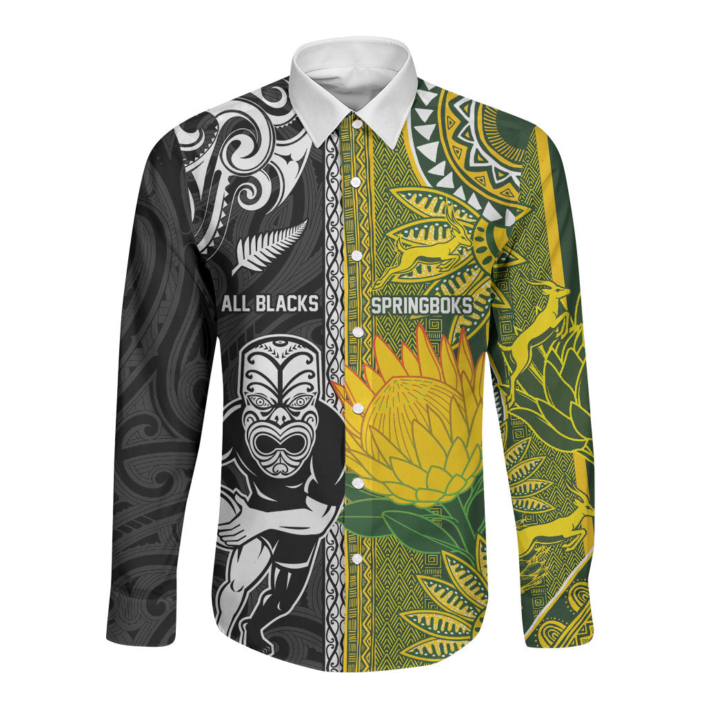 Custom Rugby New Zealand and South Africa Long Sleeve Button Shirt Greatest Rivalry Silver Fern and Antelope