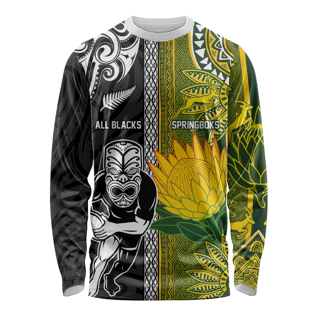 Custom Rugby New Zealand and South Africa Long Sleeve Shirt Greatest Rivalry Silver Fern and Antelope