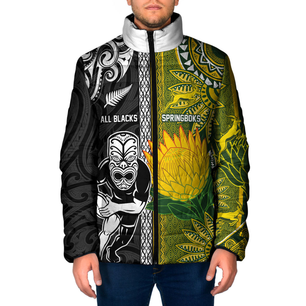 Custom Rugby New Zealand and South Africa Padded Jacket Greatest Rivalry Silver Fern and Antelope
