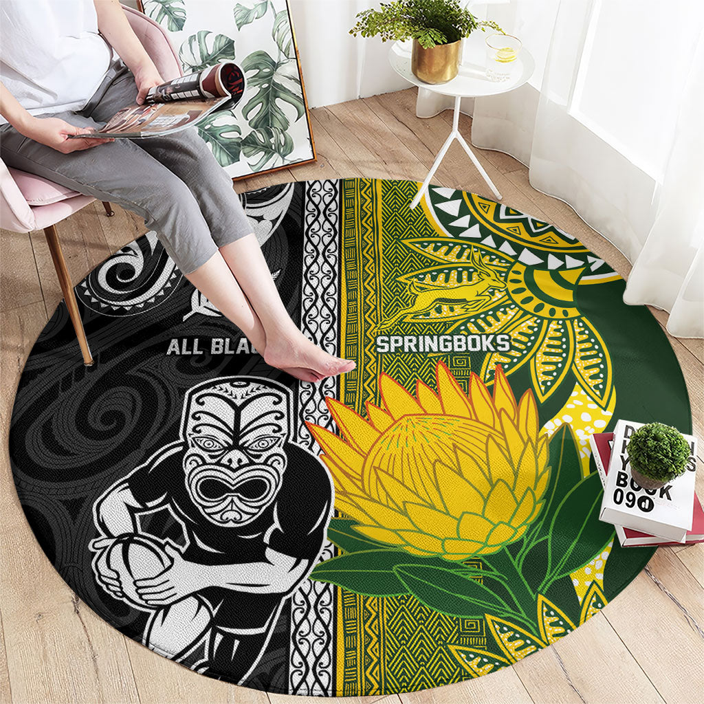Rugby New Zealand and South Africa Round Carpet Greatest Rivalry Silver Fern and Antelope