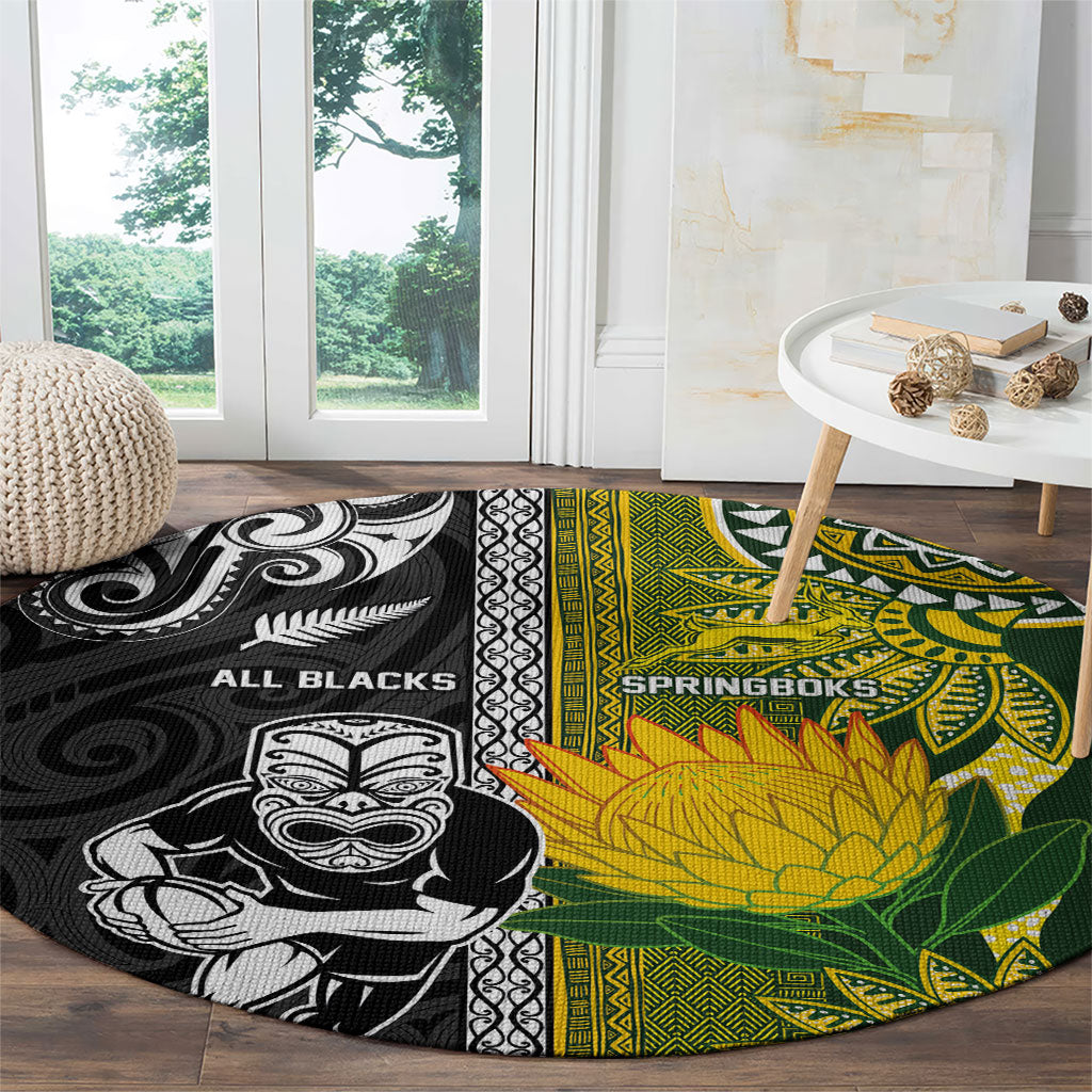 Rugby New Zealand and South Africa Round Carpet Greatest Rivalry Silver Fern and Antelope