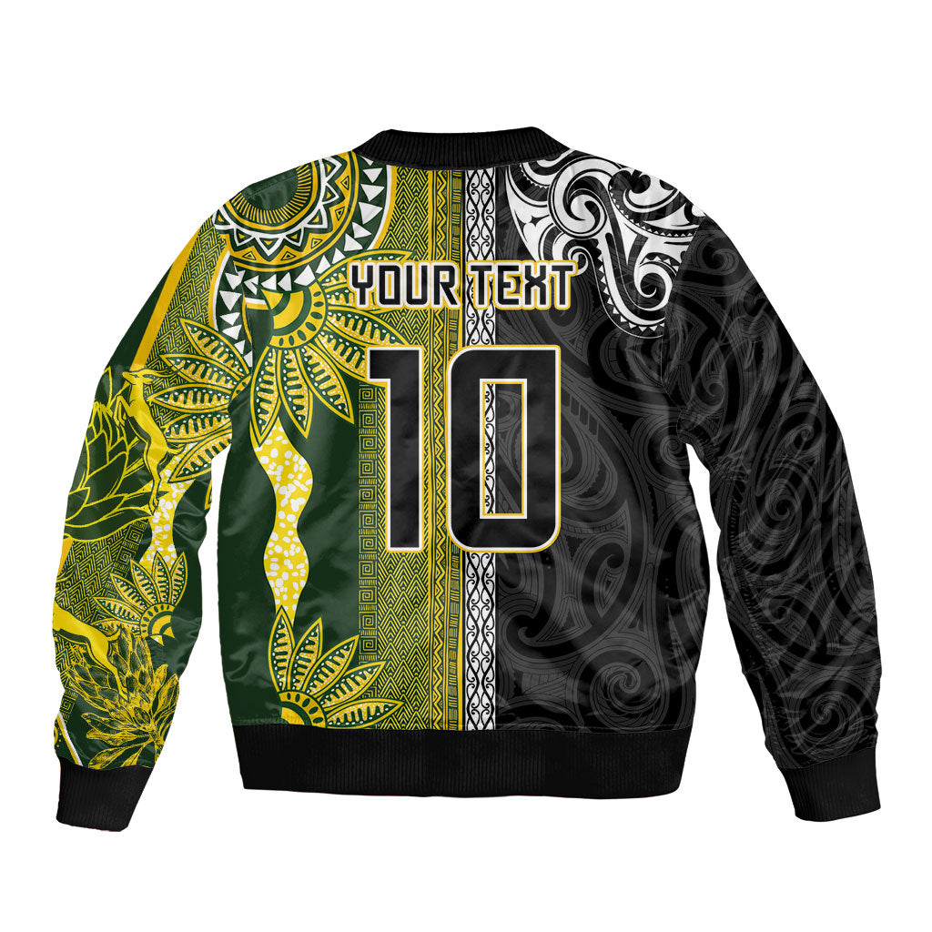 Custom Rugby New Zealand and South Africa Sleeve Zip Bomber Jacket Greatest Rivalry Silver Fern and Antelope