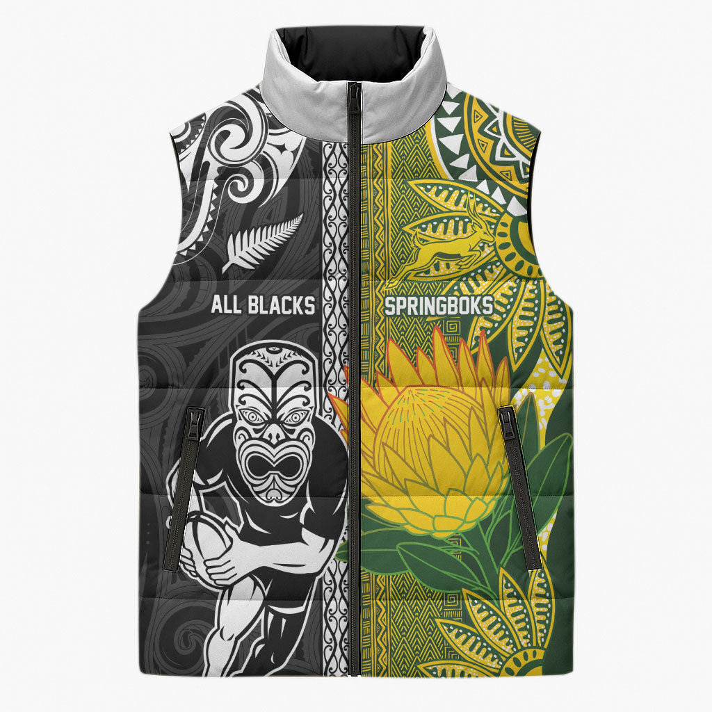 Custom Rugby New Zealand and South Africa Sleeveless Puffer Jacket Greatest Rivalry Silver Fern and Antelope LT03 Unisex Multicolor - Polynesian Pride