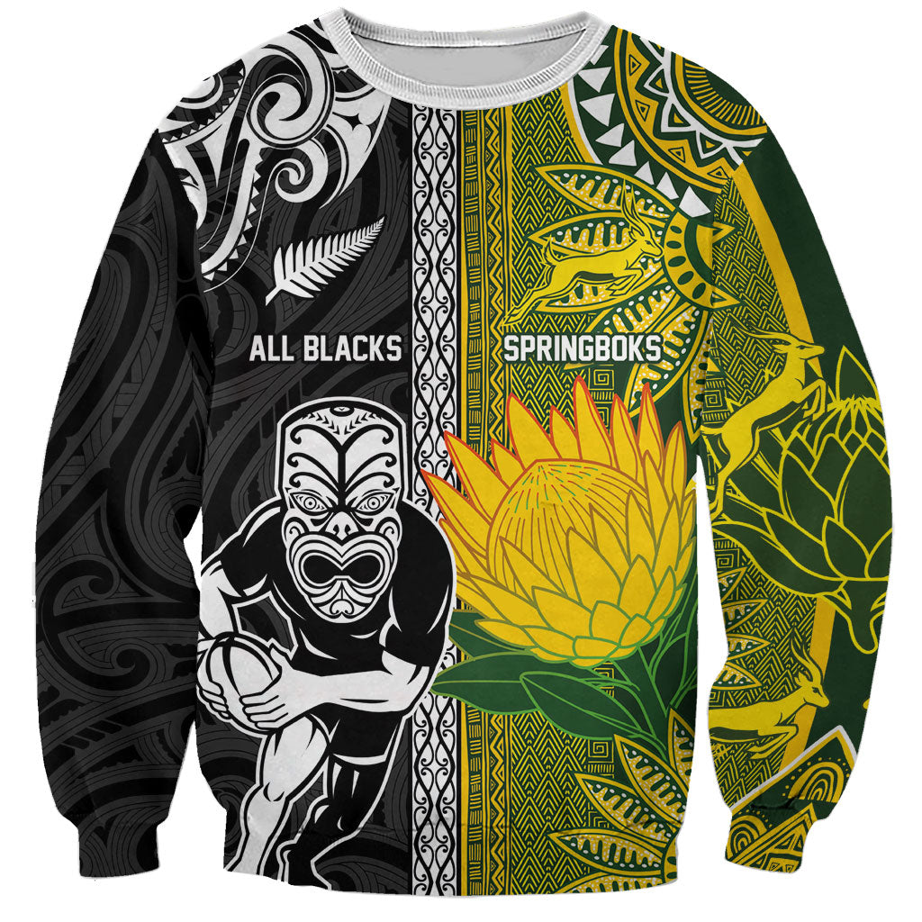 Custom Rugby New Zealand and South Africa Sweatshirt Greatest Rivalry Silver Fern and Antelope