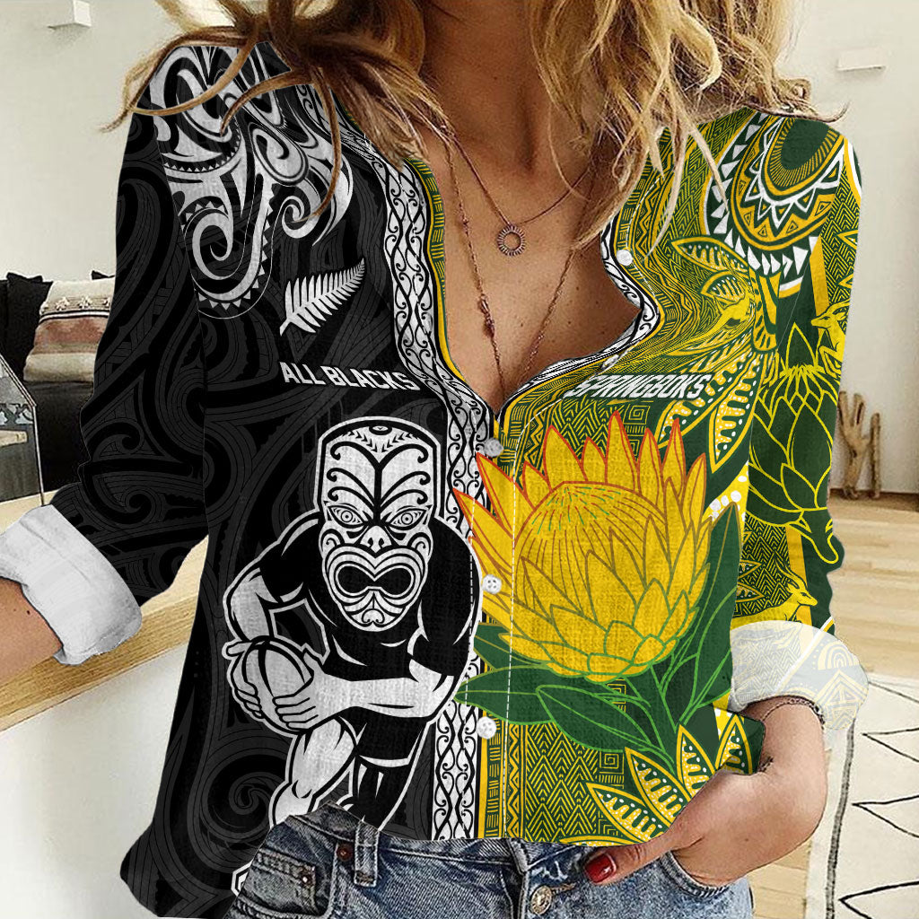 Custom Rugby New Zealand and South Africa Women Casual Shirt Greatest Rivalry Silver Fern and Antelope