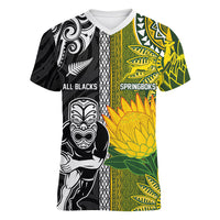 Custom Rugby New Zealand and South Africa Women V-Neck T-Shirt Greatest Rivalry Silver Fern and Antelope