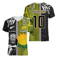 Custom Rugby New Zealand and South Africa Women V-Neck T-Shirt Greatest Rivalry Silver Fern and Antelope