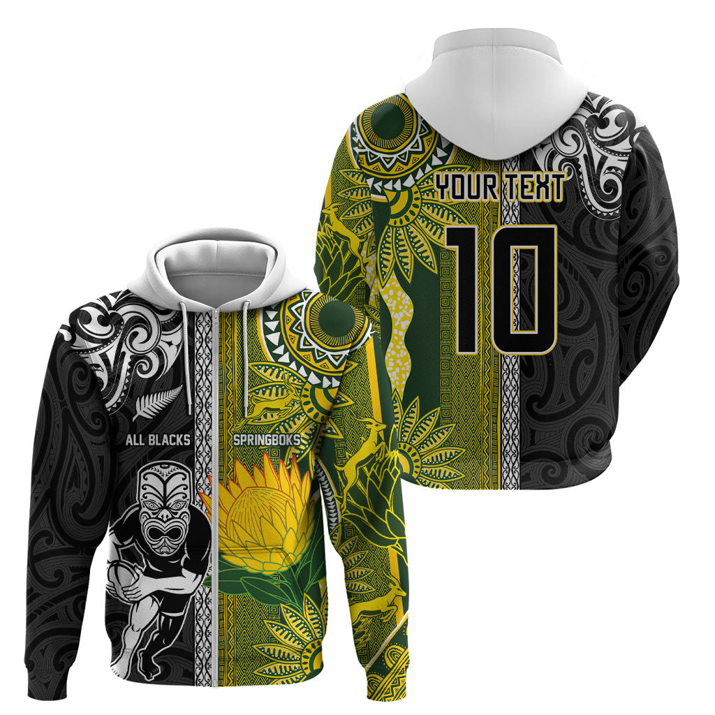 Custom Rugby New Zealand and South Africa Zip Hoodie Greatest Rivalry Silver Fern and Antelope