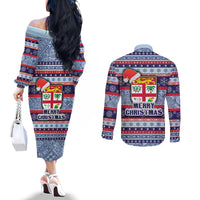 Fiji Christmas Couples Matching Off The Shoulder Long Sleeve Dress and Long Sleeve Button Shirts Fijian Santa and Coat of Arms Mix Tapa Pattern Striped Style LT03 - Polynesian Pride