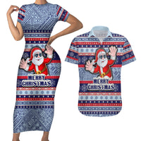 Fiji Christmas Couples Matching Short Sleeve Bodycon Dress and Hawaiian Shirt Fijian Santa and Coat of Arms Mix Tapa Pattern Striped Style LT03 Blue - Polynesian Pride