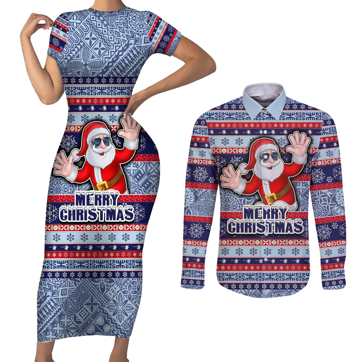 Fiji Christmas Couples Matching Short Sleeve Bodycon Dress and Long Sleeve Button Shirts Fijian Santa and Coat of Arms Mix Tapa Pattern Striped Style LT03 Blue - Polynesian Pride