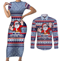 Fiji Christmas Couples Matching Short Sleeve Bodycon Dress and Long Sleeve Button Shirts Fijian Santa and Coat of Arms Mix Tapa Pattern Striped Style LT03 Blue - Polynesian Pride