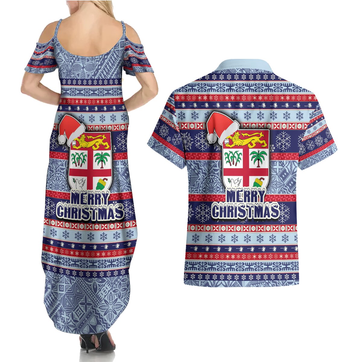 Fiji Christmas Couples Matching Summer Maxi Dress and Hawaiian Shirt Fijian Santa and Coat of Arms Mix Tapa Pattern Striped Style LT03 - Polynesian Pride