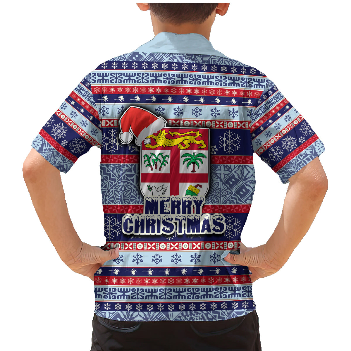 Fiji Christmas Family Matching Mermaid Dress and Hawaiian Shirt Fijian Santa and Coat of Arms Mix Tapa Pattern Striped Style LT03 - Polynesian Pride