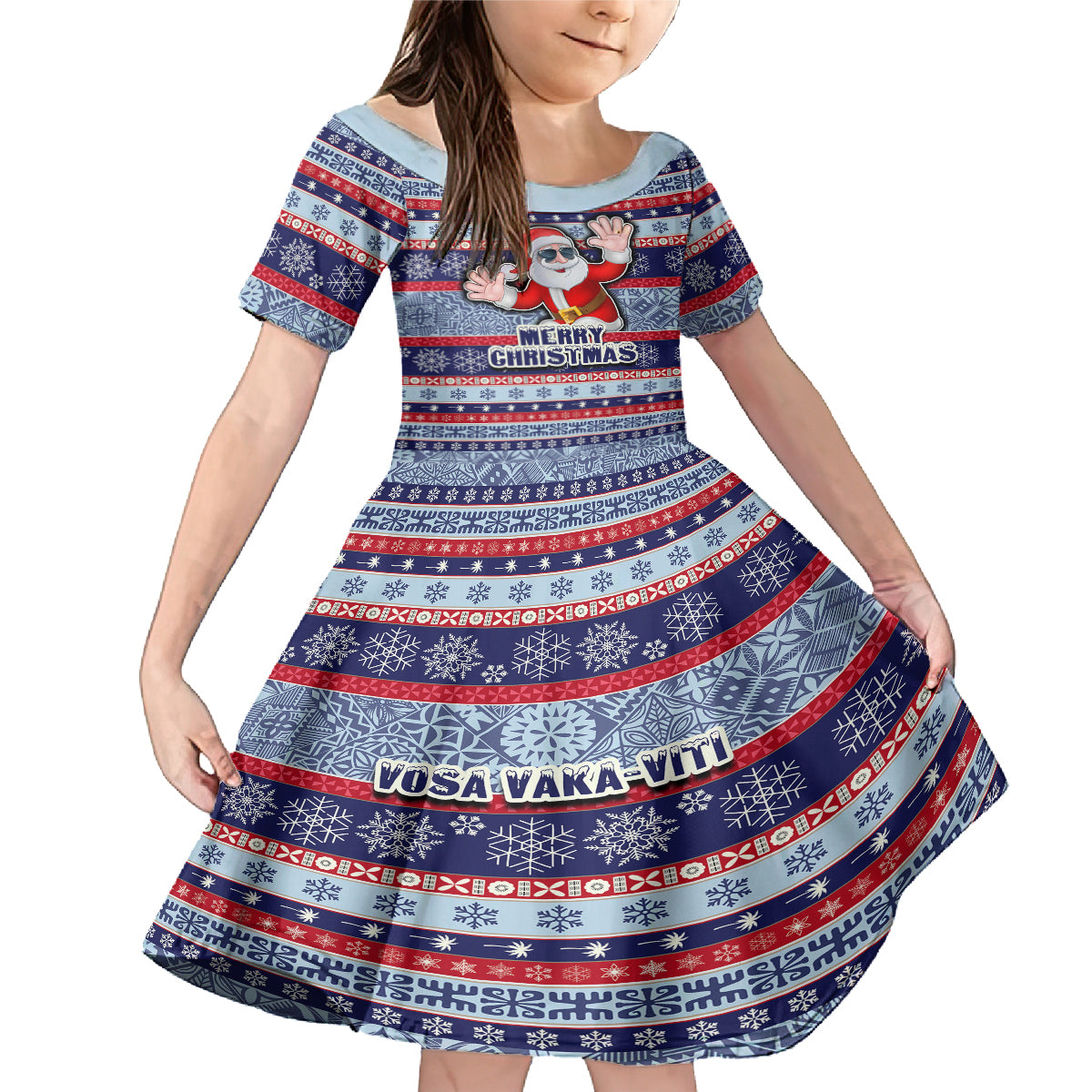 Fiji Christmas Family Matching Mermaid Dress and Hawaiian Shirt Fijian Santa and Coat of Arms Mix Tapa Pattern Striped Style LT03 Daughter's Dress Blue - Polynesian Pride