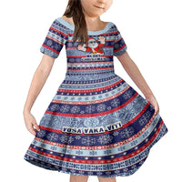 Fiji Christmas Family Matching Mermaid Dress and Hawaiian Shirt Fijian Santa and Coat of Arms Mix Tapa Pattern Striped Style LT03 Daughter's Dress Blue - Polynesian Pride