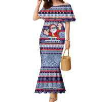 Fiji Christmas Family Matching Mermaid Dress and Hawaiian Shirt Fijian Santa and Coat of Arms Mix Tapa Pattern Striped Style LT03 Mom's Dress Blue - Polynesian Pride