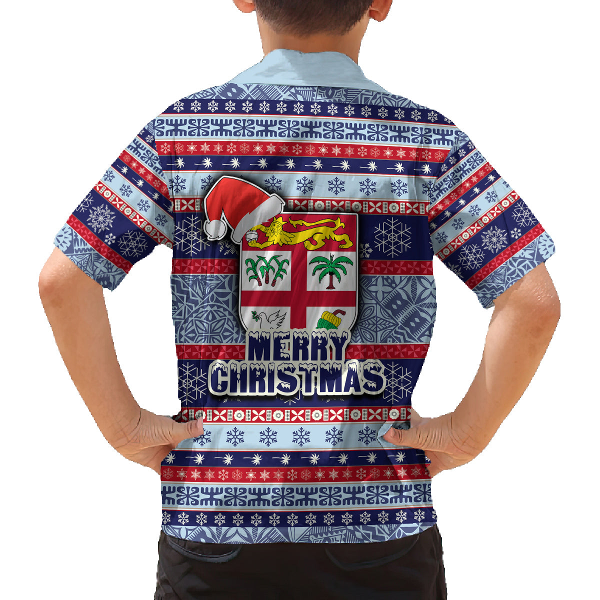 Fiji Christmas Family Matching Off Shoulder Maxi Dress and Hawaiian Shirt Fijian Santa and Coat of Arms Mix Tapa Pattern Striped Style LT03 - Polynesian Pride