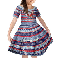 Fiji Christmas Family Matching Off Shoulder Maxi Dress and Hawaiian Shirt Fijian Santa and Coat of Arms Mix Tapa Pattern Striped Style LT03 Daughter's Dress Blue - Polynesian Pride
