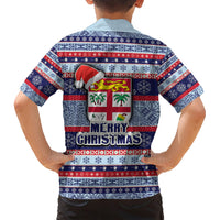 Fiji Christmas Family Matching Short Sleeve Bodycon Dress and Hawaiian Shirt Fijian Santa and Coat of Arms Mix Tapa Pattern Striped Style LT03 - Polynesian Pride