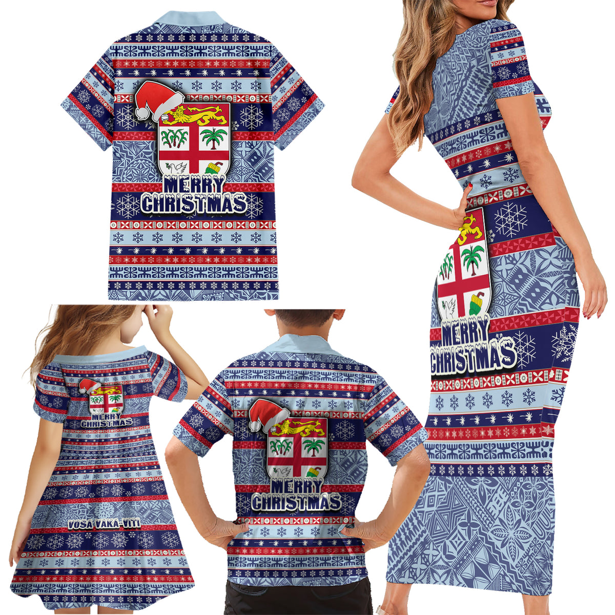 Fiji Christmas Family Matching Short Sleeve Bodycon Dress and Hawaiian Shirt Fijian Santa and Coat of Arms Mix Tapa Pattern Striped Style LT03 - Polynesian Pride