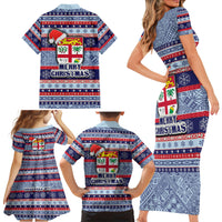 Fiji Christmas Family Matching Short Sleeve Bodycon Dress and Hawaiian Shirt Fijian Santa and Coat of Arms Mix Tapa Pattern Striped Style LT03 - Polynesian Pride