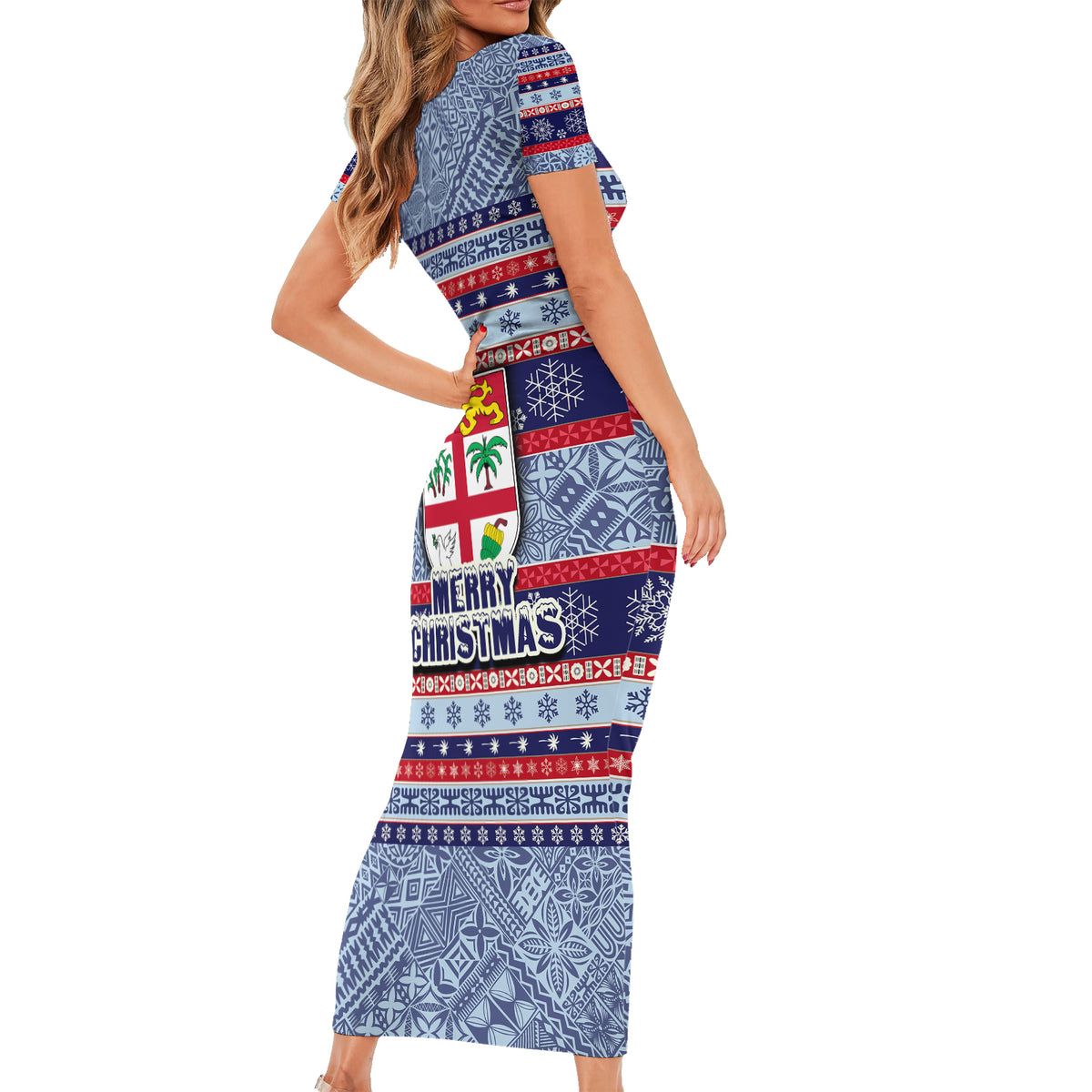 Fiji Christmas Family Matching Short Sleeve Bodycon Dress and Hawaiian Shirt Fijian Santa and Coat of Arms Mix Tapa Pattern Striped Style LT03 - Polynesian Pride