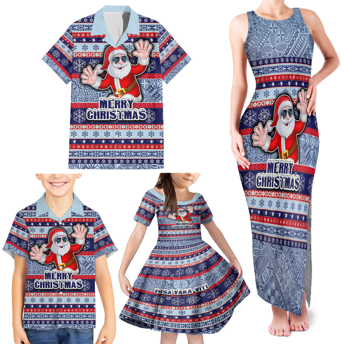 Fiji Christmas Family Matching Tank Maxi Dress and Hawaiian Shirt Fijian Santa and Coat of Arms Mix Tapa Pattern Striped Style LT03 - Polynesian Pride