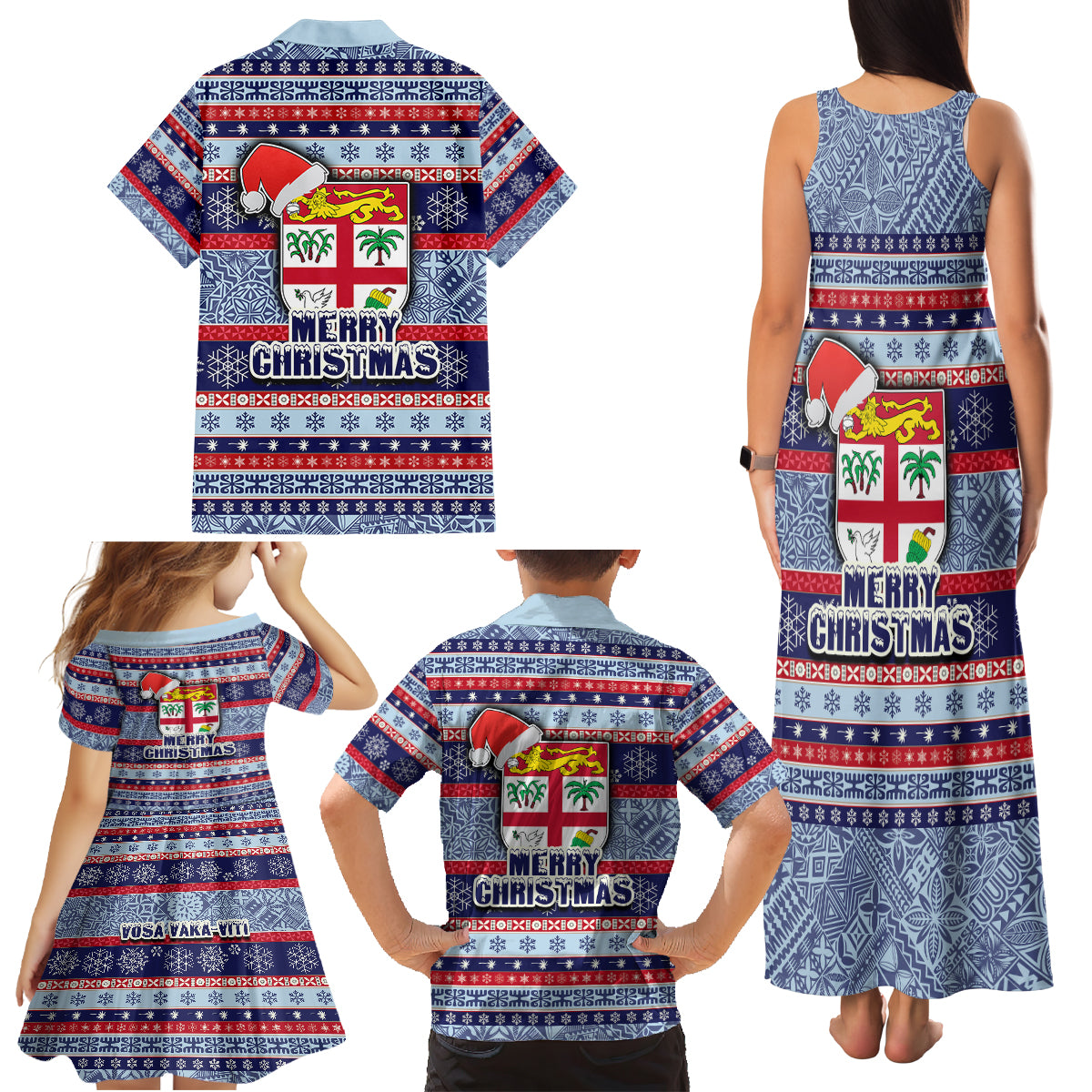 Fiji Christmas Family Matching Tank Maxi Dress and Hawaiian Shirt Fijian Santa and Coat of Arms Mix Tapa Pattern Striped Style LT03 - Polynesian Pride