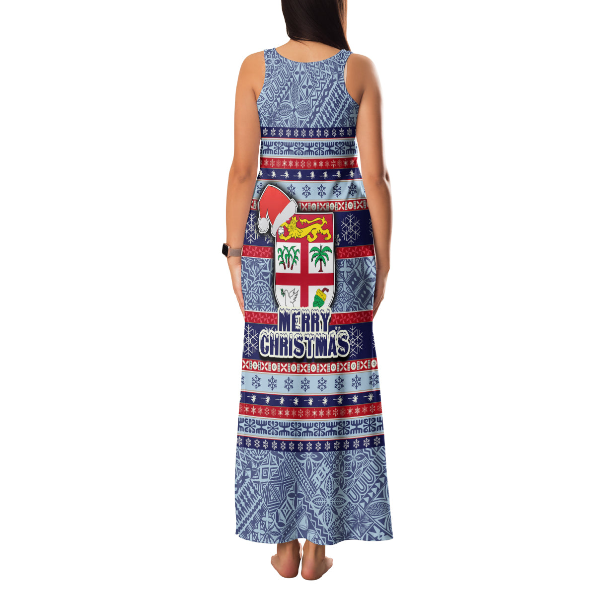 Fiji Christmas Family Matching Tank Maxi Dress and Hawaiian Shirt Fijian Santa and Coat of Arms Mix Tapa Pattern Striped Style LT03 - Polynesian Pride