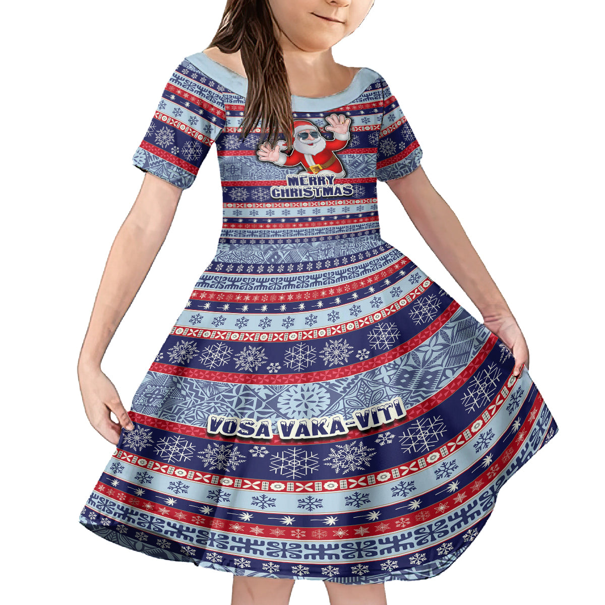 Fiji Christmas Kid Short Sleeve Dress Fijian Santa and Coat of Arms Mix Tapa Pattern Striped Style LT03 KID Blue - Polynesian Pride