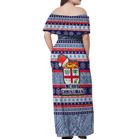 Fiji Christmas Off Shoulder Maxi Dress Fijian Santa and Coat of Arms Mix Tapa Pattern Striped Style LT03 - Polynesian Pride