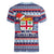 fiji-christmas-women-v-neck-t-shirt-fijian-santa-and-coat-of-arms-mix-tapa-pattern-striped-style