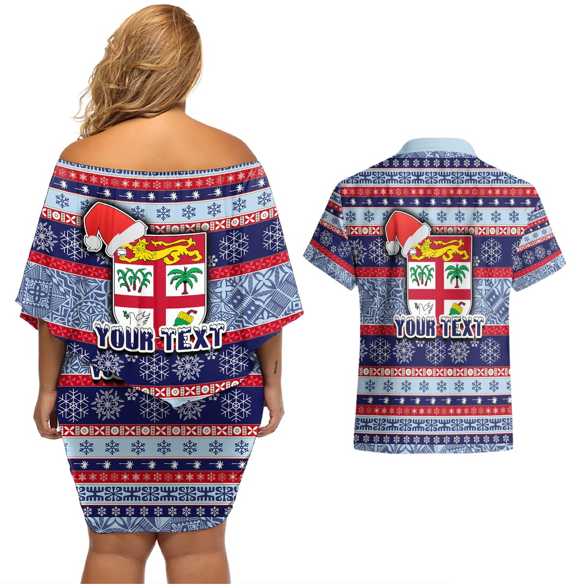 Custom Fiji Christmas Couples Matching Off Shoulder Short Dress and Hawaiian Shirt Fijian Santa and Coat of Arms Mix Tapa Pattern Striped Style LT03 - Polynesian Pride
