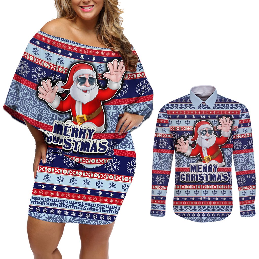 Custom Fiji Christmas Couples Matching Off Shoulder Short Dress and Long Sleeve Button Shirts Fijian Santa and Coat of Arms Mix Tapa Pattern Striped Style LT03 Blue - Polynesian Pride