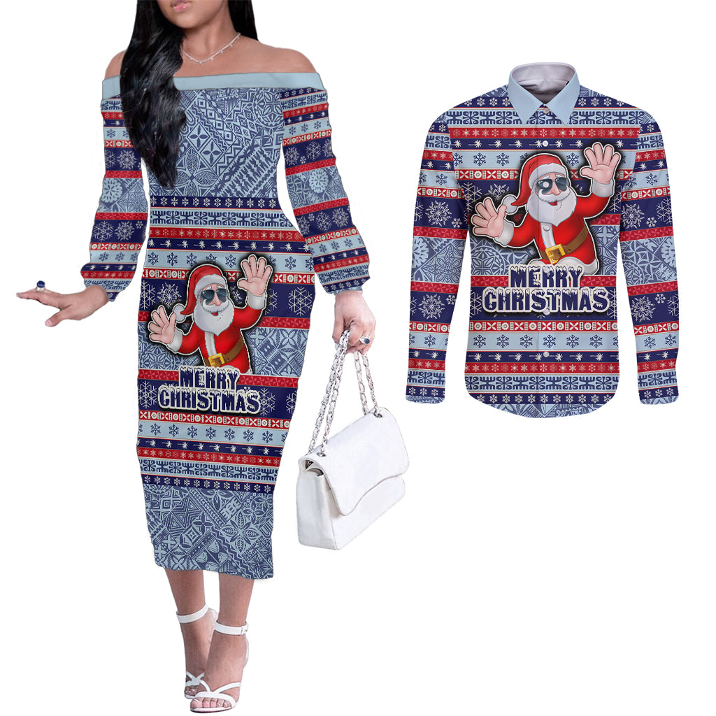 Custom Fiji Christmas Couples Matching Off The Shoulder Long Sleeve Dress and Long Sleeve Button Shirts Fijian Santa and Coat of Arms Mix Tapa Pattern Striped Style LT03 Blue - Polynesian Pride