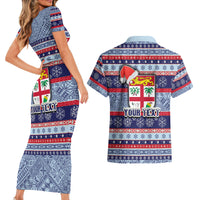 Custom Fiji Christmas Couples Matching Short Sleeve Bodycon Dress and Hawaiian Shirt Fijian Santa and Coat of Arms Mix Tapa Pattern Striped Style LT03 - Polynesian Pride