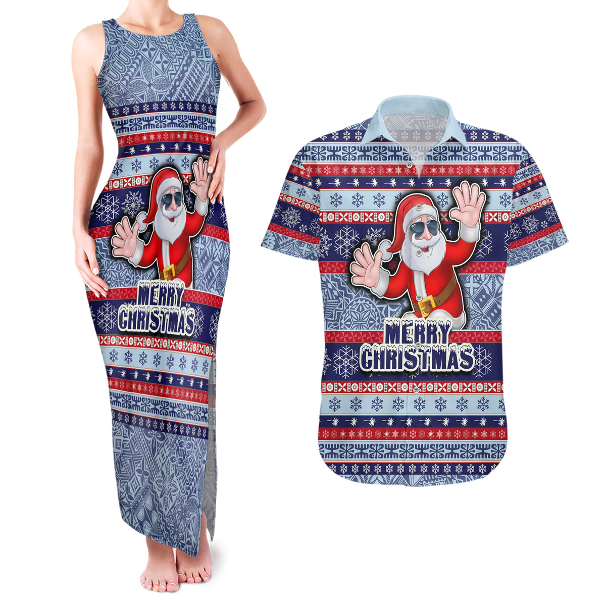 Custom Fiji Christmas Couples Matching Tank Maxi Dress and Hawaiian Shirt Fijian Santa and Coat of Arms Mix Tapa Pattern Striped Style LT03 Blue - Polynesian Pride