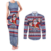 Custom Fiji Christmas Couples Matching Tank Maxi Dress and Long Sleeve Button Shirts Fijian Santa and Coat of Arms Mix Tapa Pattern Striped Style LT03 Blue - Polynesian Pride