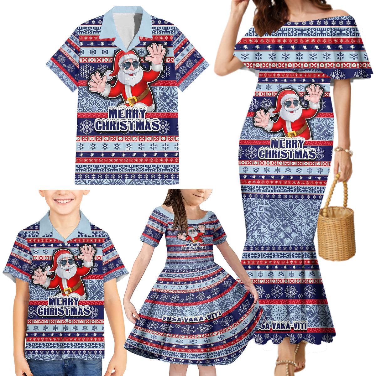 Custom Fiji Christmas Family Matching Mermaid Dress and Hawaiian Shirt Fijian Santa and Coat of Arms Mix Tapa Pattern Striped Style LT03 - Polynesian Pride
