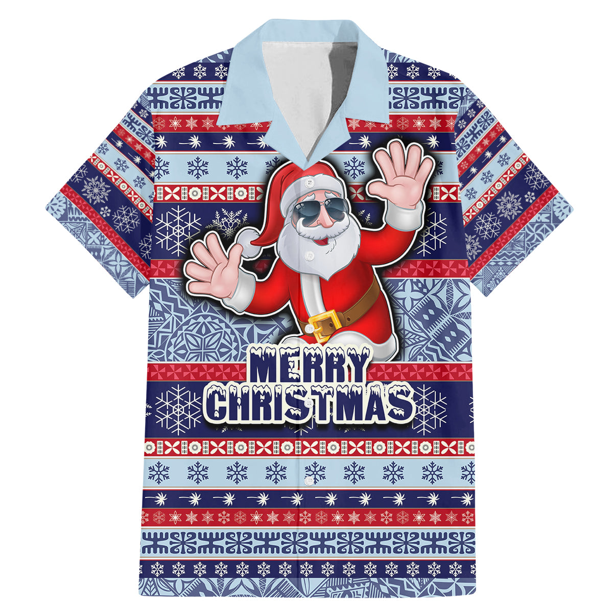 Custom Fiji Christmas Family Matching Mermaid Dress and Hawaiian Shirt Fijian Santa and Coat of Arms Mix Tapa Pattern Striped Style LT03 Dad's Shirt - Short Sleeve Blue - Polynesian Pride