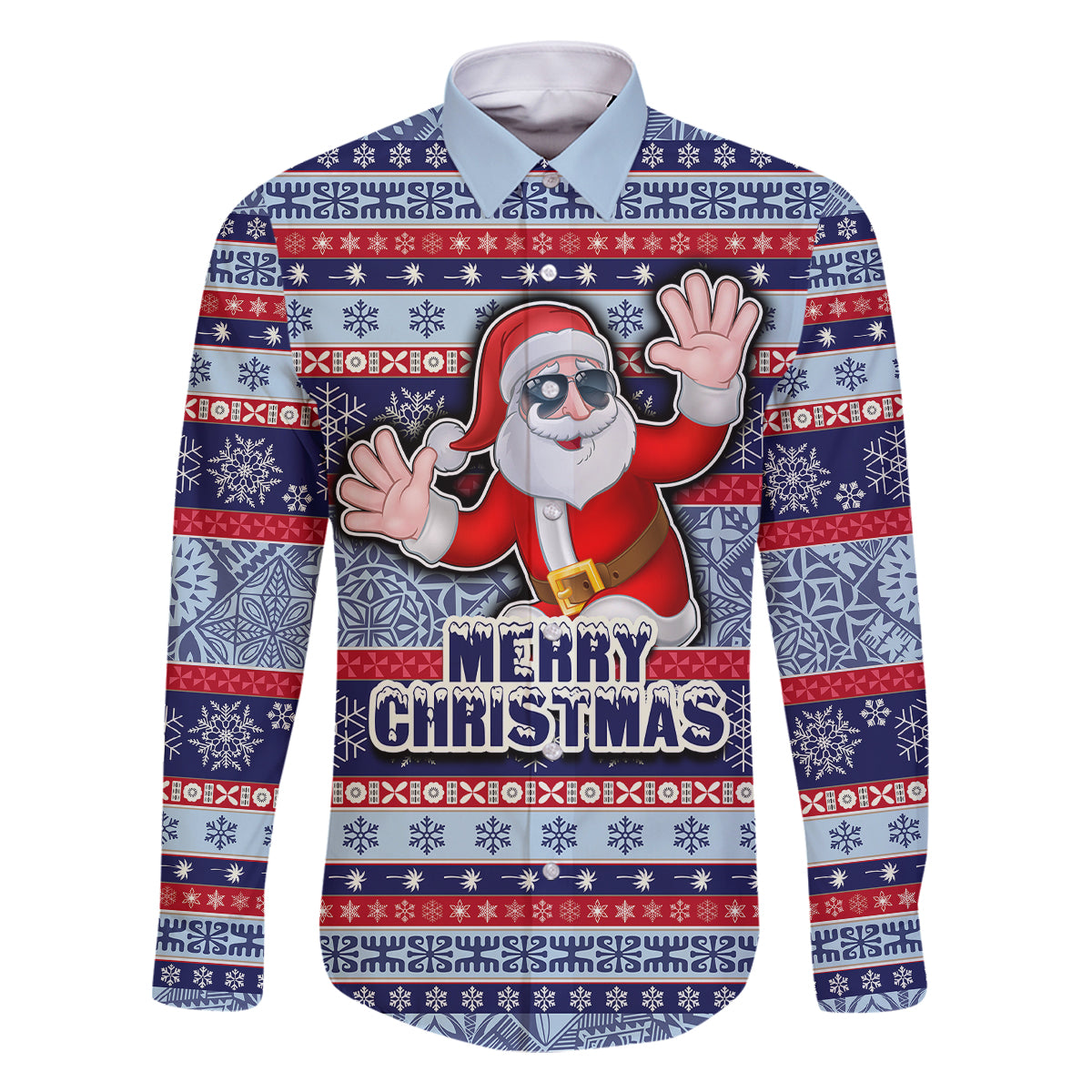Custom Fiji Christmas Family Matching Mermaid Dress and Hawaiian Shirt Fijian Santa and Coat of Arms Mix Tapa Pattern Striped Style LT03 Dad's Shirt - Long Sleeve Blue - Polynesian Pride