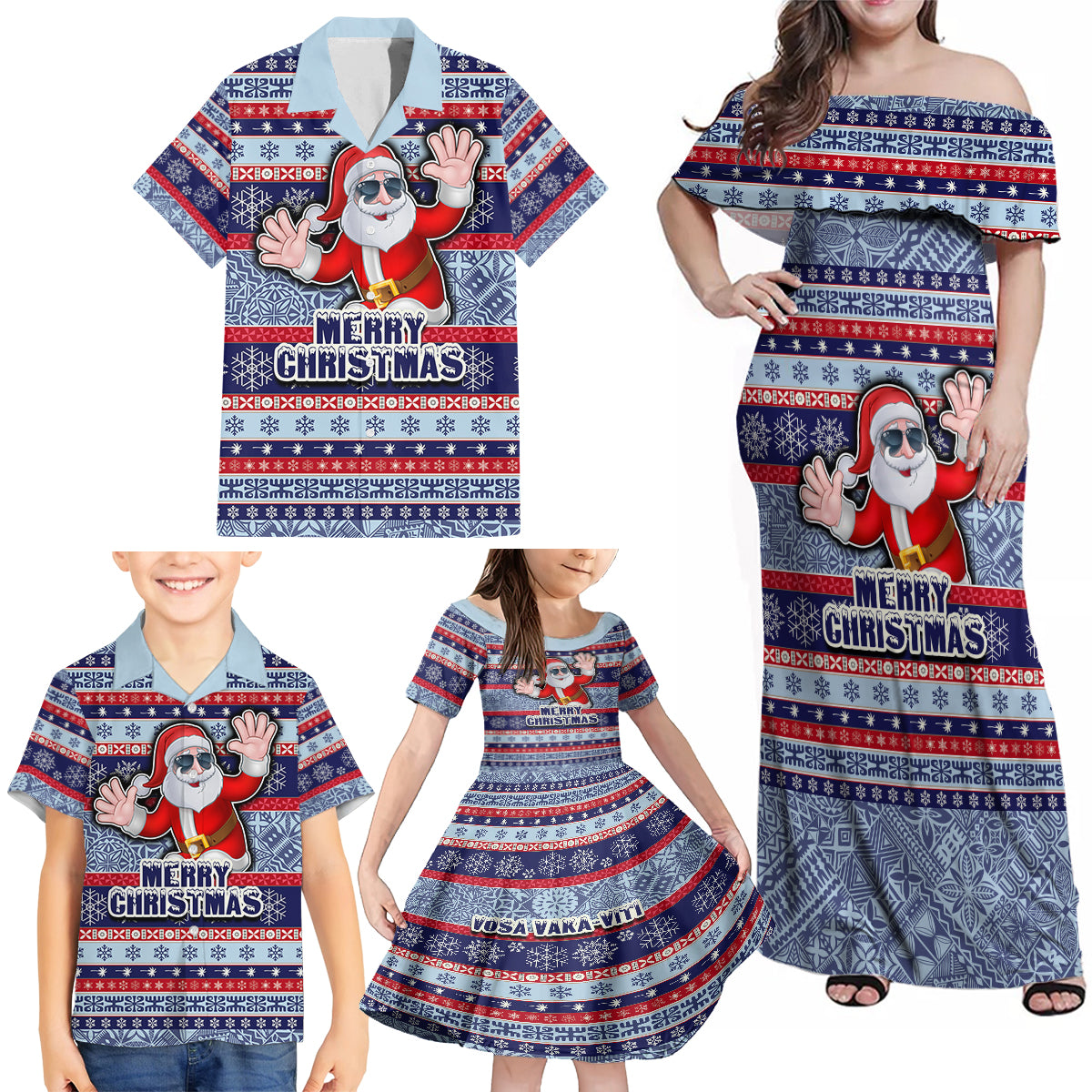 Custom Fiji Christmas Family Matching Off Shoulder Maxi Dress and Hawaiian Shirt Fijian Santa and Coat of Arms Mix Tapa Pattern Striped Style LT03 - Polynesian Pride