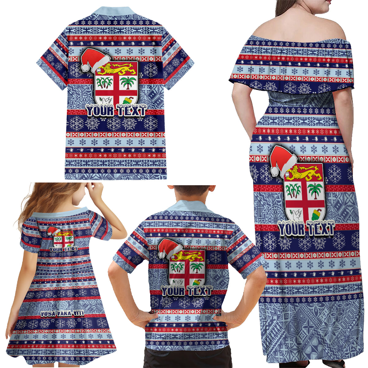 Custom Fiji Christmas Family Matching Off Shoulder Maxi Dress and Hawaiian Shirt Fijian Santa and Coat of Arms Mix Tapa Pattern Striped Style LT03 - Polynesian Pride